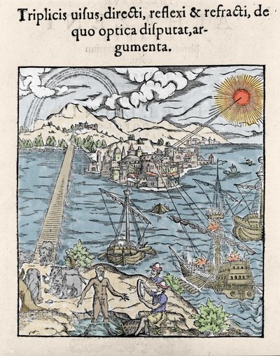 ilustracja w „Opticae Thesaurus” Alhazena, Abu Ali Al-Hasan Ibn al-Haitham (987-1038 lub 965-1039?) - irackiego matematyka, fizyka i filozofa. 1572 autorstwa Unknown artist