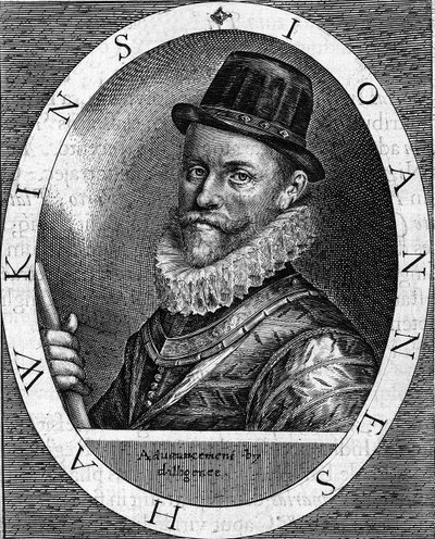 portret sir Johna Hawkinsa (Hawkyns) Admirała angielskiego (1532-1595), znanego z tego, że jako pierwszy handlował czernią, odbył kilka podróży, finansowanych przez londyńskich kupców, między Afryką a Ameryką. Grawerowanie z 1620 roku. autorstwa Unknown artist