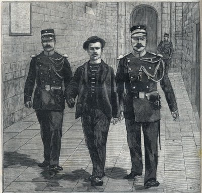 włoski anarchista Luigi Luccheni (Lucheni) zabójca cesarzowej Elżbiety Austrii (Sissi) wniesiony do Trybunału Sprawiedliwości w 1898 roku. autorstwa Unknown artist
