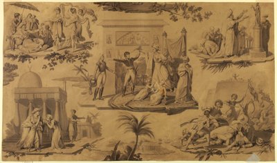 Rysunek, karykatura dla drukowanej tkaniny bawełnianej: Francuzi w Egipcie [Les Francais en Egypte], ok. 1815 r. autorstwa Unknown artistUnknown artist