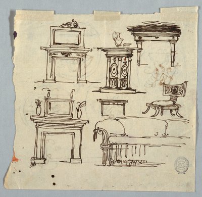 Rysunek, elementy komina, meble i medalion sufitowy, 1790-1810 autorstwa Unknown artistUnknown artist