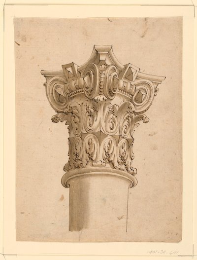 Rysunek, widok narożny złożonego kapitału, 1625-1650 autorstwa Unknown artistUnknown artist