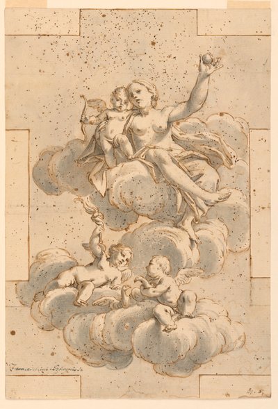 Rysunek, projekt malowidła sufitowego, Wenus, Kupidyn i putta, 1700-29 autorstwa Unknown artistUnknown artist