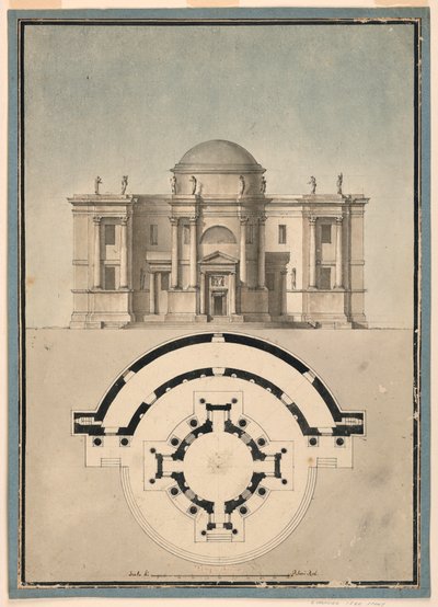 Rysunek przedstawiający klasyczną świątynię z Tempietto i półokrągłą Aedicule, ok. 1780 r. autorstwa Unknown artistUnknown artist