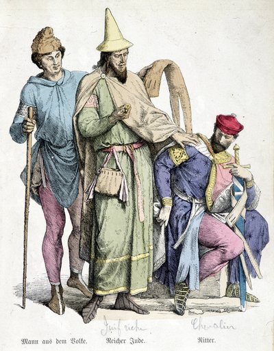 Stroje z XI wieku: człowiek z kijem, bogaty Żyd i rycerz. Rycina XIX wieku. autorstwa Unknown artist