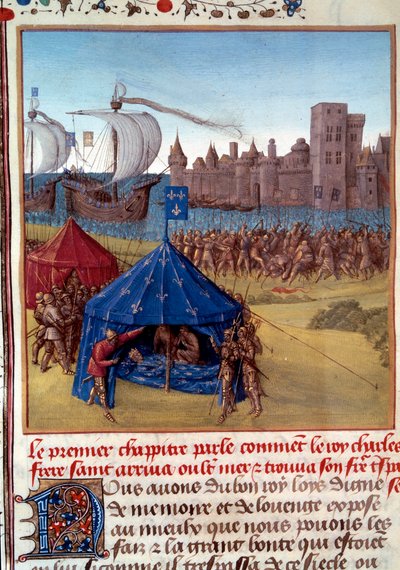 8. Krucjata: Śmierć św. Ludwika (Ludwika IX) (1214/1215-1270) z powodu zarazy w Tunisie. Miniatura zaczerpnięta z „”Le livre des faits de Monseigneur Saint Louis””” XV-wieczny Paryż, B.N. autorstwa Unknown artist