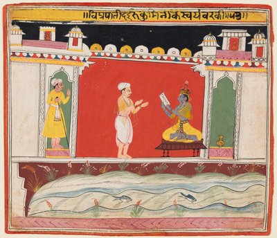 Bramin przekazuje Krysznie przesłanie lub zaproszenie na konkurs do Svayamvary Rukmini z Bhagavata Purany autorstwa Unknown artist