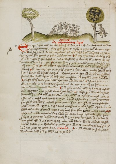 Stado ptaków pod drzewem, w tym orzeł w koronie z herbem na skrzydłach autorstwa Unknown artist