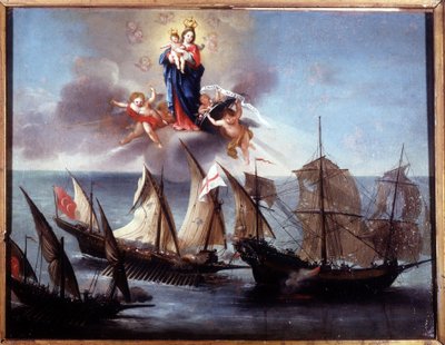 Łódź Genui zaatakowana przez galiota i barbarzyńską półgalerę. Ex-voto 1796. Muzeum Marynarki Wojennej Genui-Pegli. autorstwa Unknown artist