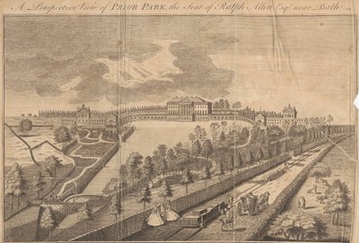 Perspektywiczny widok Prior Park, siedziba Ralpha Allena Esq. niedaleko Bath autorstwa Unknown artist