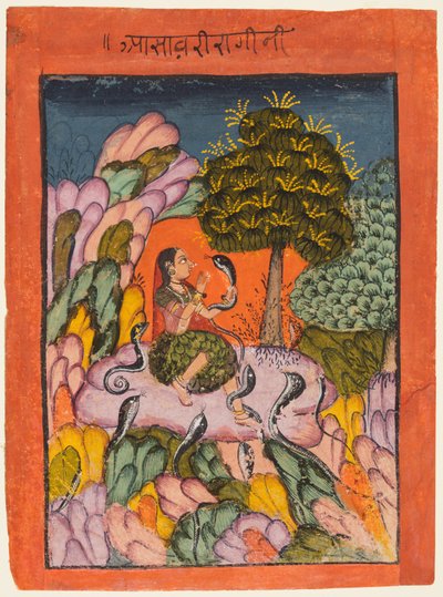 Kobieta oczarowuje węże w dziczy: Asavari Ragini z Ragamala autorstwa Unknown artist