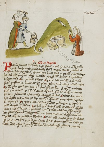 Modląca się kobieta i wąż na pobliskim wzgórzu; mężczyzna próbujący zabić węża siekierą autorstwa Unknown artist