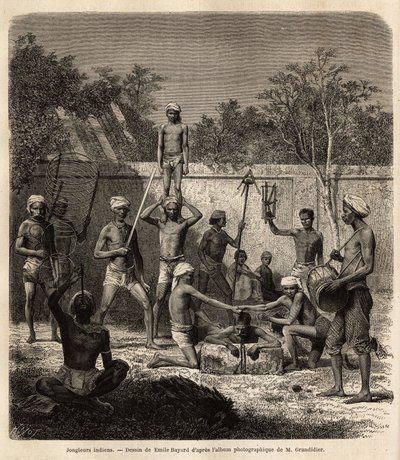 Grupa indyjskich żonglerów. Rycina ilustrująca podróż w południkowe prowincje Indii, autorstwa Alfreda Grandidiera, w latach 1862-1864, opublikowana w „”le tour du monde””, pod kierunkiem D