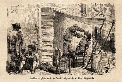 Fryzjer na wietrze na ulicach Rzymu. Rycina ilustrująca podróż do Rzymu, autorstwa Francisa Weya, w latach 1864-1868, opublikowana w „Le tour du monde, nouveau journal des voyages”, pod kierunkiem Edouarda Chartona autorstwa Unknown artist