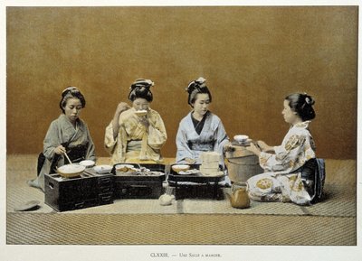Jadalnia w Japonii: kobiety jedzące ryż pałeczkami i jedna z nich podająca herbatę - b.d. koniec XIX wieku autorstwa Unknown artist