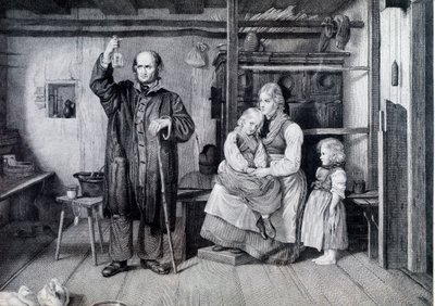 Lekarz badający butelkę, prawdopodobnie fiolkę na mocz, podczas wizyty u matki i jej dwójki dzieci żyjących w biedzie (rycina) autorstwa Unknown artist
