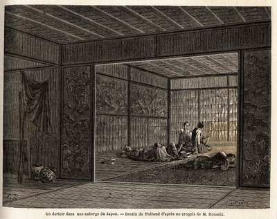 Akademik w zajeździe w Japonii. Rycina ilustrująca podróż do Japonii w latach 1863-1864, autorstwa Aime Humberta, ministra Konfederacji Szwajcarskiej, w „Le tour du monde, nouveau journal des voyages”, wydanej pod kierunkiem Edouarda Chartona autorstwa Unknown artist