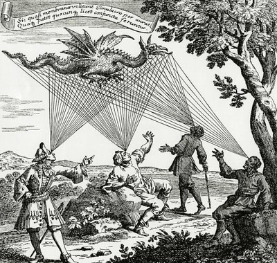 Smok widziany pod różnymi kątami, na podstawie miedziorytu przedstawiającego „Oculus artificialis teledioptricus” Zahna. autorstwa Unknown artist