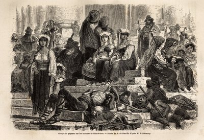 Grupa chłopów i pasterzy zbiera się na obchody Wielkiego Tygodnia na schodach św. Piotra w Watykanie. Grawer ilustrujący historię Wielkiego Tygodnia w Rzymie w 1863 r. autorstwa Ludovica Cellera w „Le tour du monde, nouveau journal des voyages”” autorstwa Unknown artist
