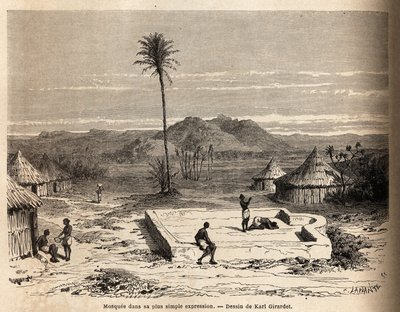 Meczet w najprostszym wyrazie, w wiosce niedaleko Abu Hamed, nad brzegiem Nilu. Rycina ilustrująca podróż do wschodniego Sudanu, w latach 1848-1860, autorstwa M. Tremmeaux, w „Le tour du monde, nouveau journal des voyages”, wydanej pod autorstwa Unknown artist