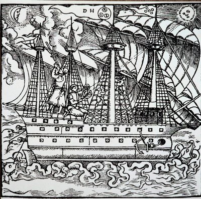 Nawigator na portugalskiej karaweli korzystający z astrolabium. Grawerowanie z opowieści podróżniczych niemieckiego żeglarza Hansa Stadena (1525-1579) autorstwa Unknown artist