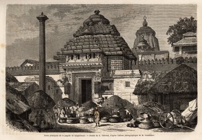 Popularny spacer przed główną bramą Pagody Djaghernaut (zbudowanej około 1200 r.), świętego miasta i miejsca pielgrzymek w południowym Bengalu. Grawerowanie ilustrujące podróż w południkowych prowincjach Indii, autorstwa Alfreda Grandidiera, w latach 1862- autorstwa Unknown artist