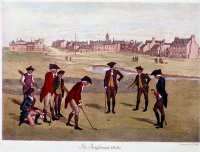 Runda golfa z brytyjskimi dżentelmenami w St. Andrews w Szkocji w 1800 roku, gdzie powstała gra. Litografia XIX-wiecznego Paryża, sztuka dekoracyjna autorstwa Unknown artist