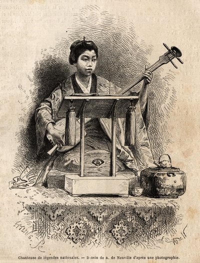 Piosenkarka narodowych legend, grająca shamisen do akompaniamentu jej piosenki, siedząca za biurkiem. Rycina ilustrująca podróż do Japonii w latach 1863-1864 autorstwa Aime Humberta, ministra Konfederacji Szwajcarskiej, w „Le tour du monde, nouveau journal autorstwa Unknown artist