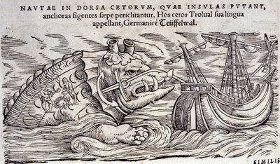 Wieloryb pomylony z wyspą. Dwie osoby rozpalają ogień na grzbiecie morskiego potwora. Grawerowanie i Historia Animalium autorstwa Conrada Gessnera (1516-1565), Tiguri autorstwa Unknown artist