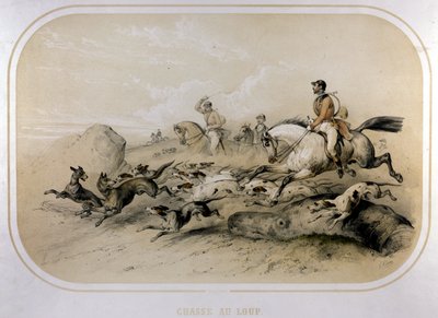 Polowanie na wilka. Grawerowanie z XIX wieku. autorstwa Unknown artist