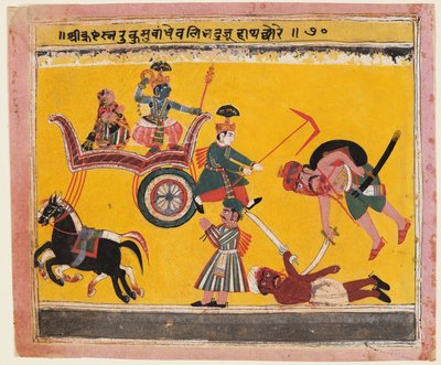 Porwanie Rukmini: Kryszna związał ręce Rukmy, z Bhagavata Purany autorstwa Unknown artist