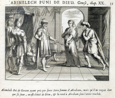 Abimelech daje Sarę Abrahamowi - Biblia, rycina autorstwa Unknown artist