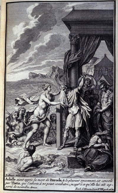 Achilles, słysząc o śmierci Patroklesa i gorzko go płacząc, jest pocieszany przez Tetydę, która nakłania go do zaprzestania walki, dopóki nie przyniesie mu nowej broni. Ilustracja księgi XVIII Iliady Homera, wydanie francuskie autorstwa Unknown artist