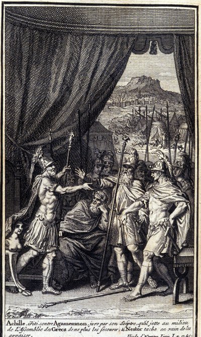 Achilles, zirytowany Agamemnonem, przysięga na swoje berło, że rzuca w środek zgromadzenia Greków, aby im nie pomagać; i plamy Nestora na próżno, aby ich ułagodzić. Ilustracja do księgi I Iliady Homera, wydanie francuskie autorstwa Unknown artist