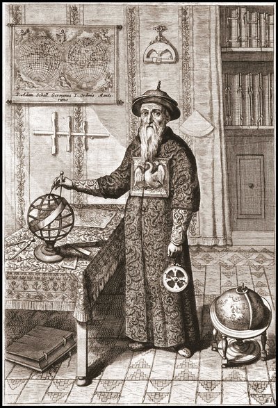Adam Schall, astronom (1592-1666) w stroju mandarynki, z kulami ziemskimi i niebieskimi oraz astrolabium - w „Chiny” Athanase Kircher (lub Athanasius Kircheri) autorstwa Unknown artist