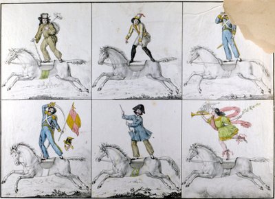 Akrobacje: ćwiczenia akrobatyczne na koniu. Rytownictwo autorstwa Unknown artist
