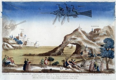 Aerostatyczne ryby hodowane w Plazentia w Hiszpanii, kierowane przez Dom Josepha Patinho, lecące do miasta Coria nad brzegiem rzeki Arragon (12 lig od Plazentii) 10 marca autorstwa Unknown artist