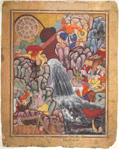 Alamshah rozrywający łańcuch koła, z tomu 11 Hamza-nama (Przygody Hamzy) autorstwa Unknown artist