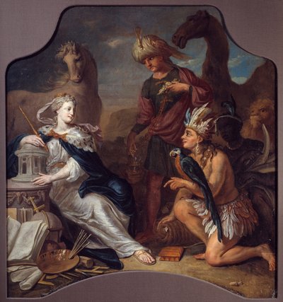 Alegoria Czterech Kontynentów Europa po lewej, wykrywając dziedzictwo, kulturę i sztukę, zmierzy się z Ameryką, Azją i Afryką (w cieniu), oddając jej hołd. Malowanie anonimowej szkoły. 18 wiek. La Rochelle, Muzeum Nowego Świata autorstwa Unknown artist