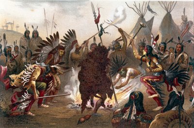 Rytuał Indian amerykańskich (Indianie z równin Dakoty Południowej): Taniec wojenny Siuksów. chromolitografia z „Rasy ludzkiej” Ratzela, ok. 1890 r. autorstwa Unknown artist