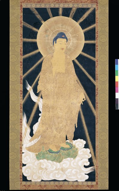 Amitabha (Amida) Triada zstępująca z nieba (pigment na konshi (niebieski papier ryżowy)) autorstwa Unknown artist