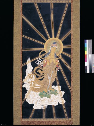 Amitabha (Amida) Triada zstępująca z nieba (pigment na konshi (niebieski papier ryżowy)) autorstwa Unknown artist