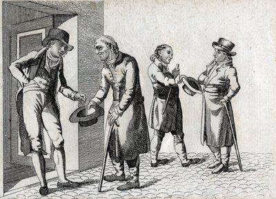 Amona. Żebracy zajmujący się kapeluszami na monety. Grawerowanie końca XVIII wieku. Prywatna kolekcja. autorstwa Unknown artist