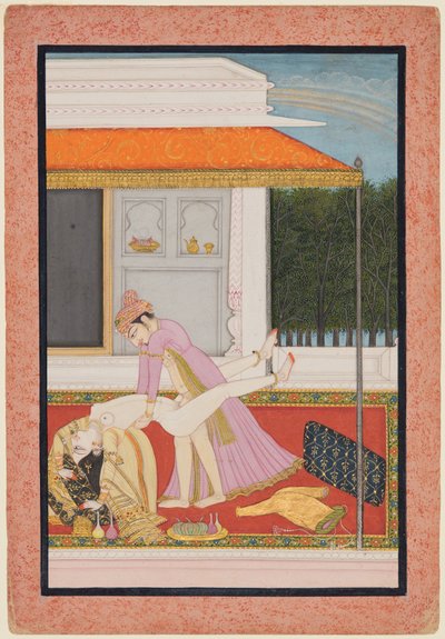 Zakochana para, prawdopodobnie Raja Mahendra Pal z Basohli (1806–13) z ulubioną królową autorstwa Unknown artist