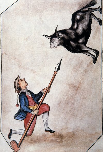 Indianin wskazujący włócznią na byka, z książki „Trujillo of Peru” lub „Codex Martinez Companion”, autorstwa Baltazara Martineza Companion i Bujandy, biskupa Trujillo (1782-1785) autorstwa Unknown artist