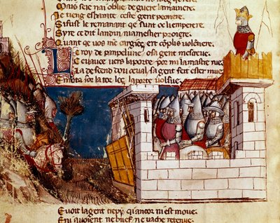 Armia (od króla Pampeluny?) ukrywa się w zamku i wspina się po miniaturowym moście Levisów z „”Entree of Spain””. Wenecja z XIV wieku, Biblioteca Marciana. autorstwa Unknown artist