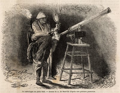 Astrolog przeszukuje niebo pod gołym niebem za pomocą swojego teleskopu. Rycina ilustrująca podróż do Japonii w latach 1863-1864 autorstwa Aime Humberta, ministra Konfederacji Szwajcarskiej, w „Le tour du monde, nouveau journal des voyages” wydanej pod reż autorstwa Unknown artist