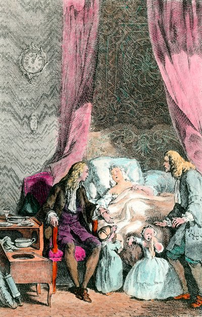 Lekarz-obserwator Kobieta, która jest chora lub już nie żyje, jest otoczona przez rodzinę i lekarza. Dzieci płaczą. Grawer około 1780 r. Paryż, Akademia Medyczna autorstwa Unknown artist