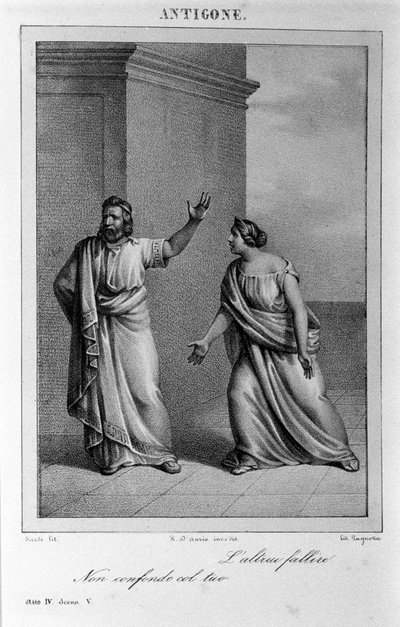 Antygona Akt 4, scena 5. Włoska tragedia Vittorio Alfieri napisana w 1783 roku według mitologii greckiej. Rycina z XVIII wieku. autorstwa Unknown artist