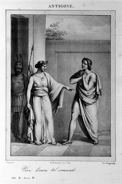 Antygona Akt I, scena 3. Włoska tragedia Vittorio Alfieri napisana w 1783 roku według mitologii greckiej. Rycina z XVIII wieku. autorstwa Unknown artist